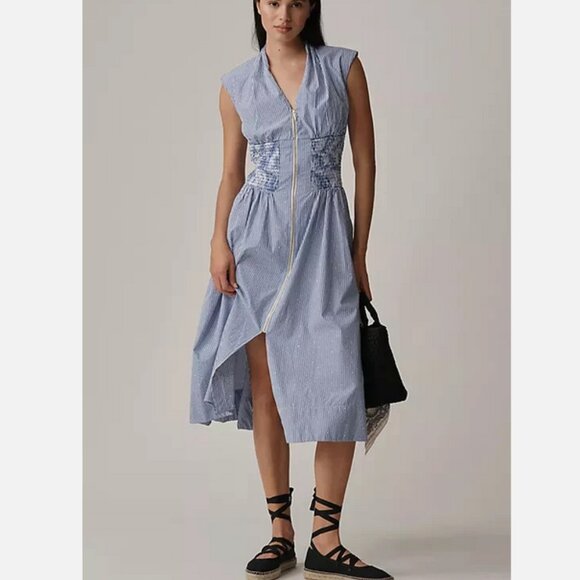 Anthropologie Dresses & Skirts - Anthropologie The Tommie Cap-Sleeve Smocked Front-Zip Shirt Dress Shine M NWT